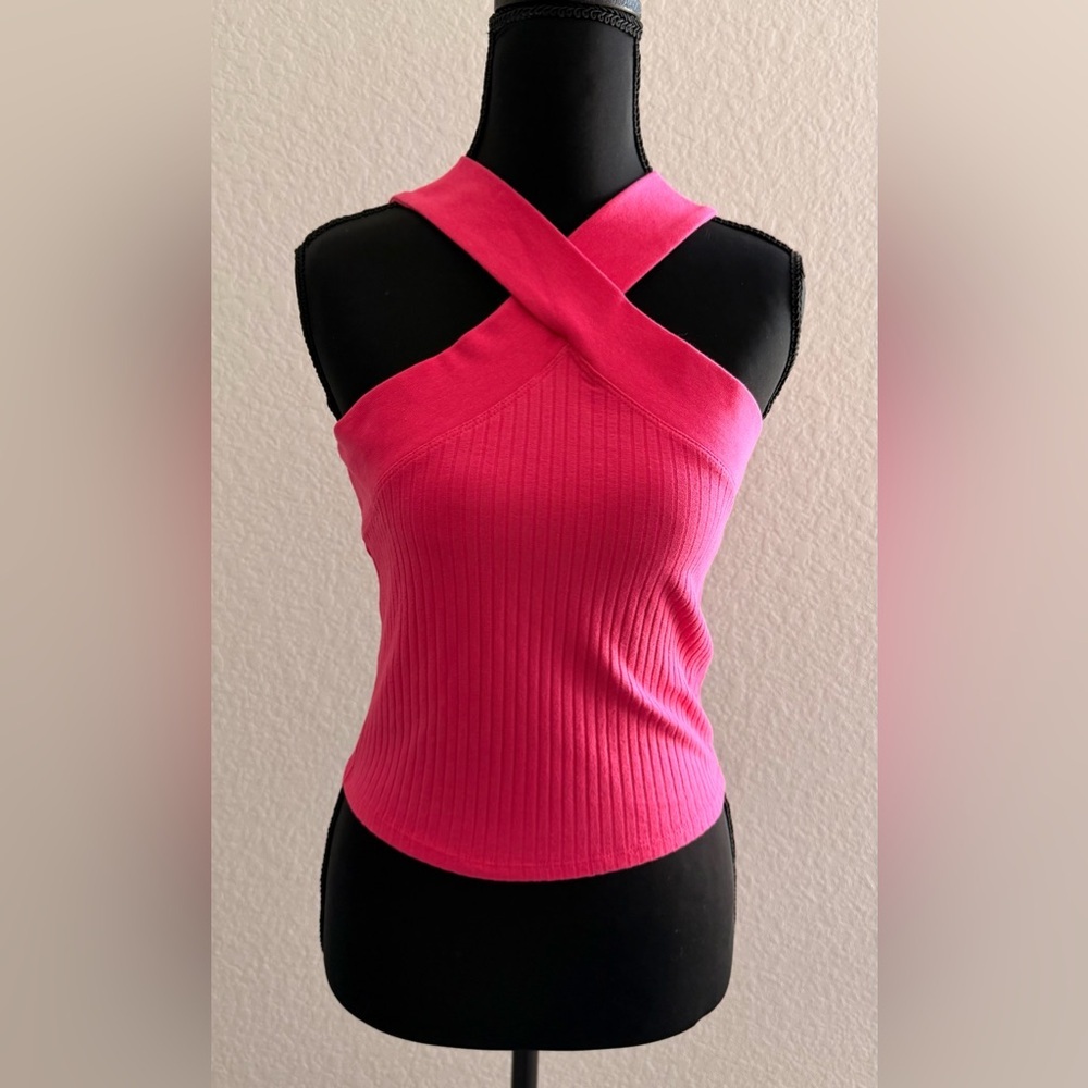 Zara Fuchsia Cross-Front Ribbed Crop Top